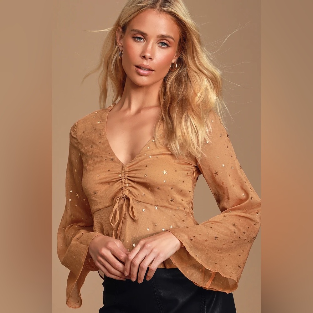Lulu’s | Gold and Star Print Sheer Top | *NEW* With Tags | Size Small